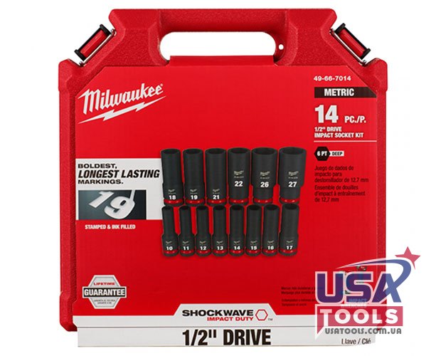 Премиум набор 14 шт ударных удлиненных головок 10-27 мм 1/2' в кейсе Milwaukee 49-66-7014