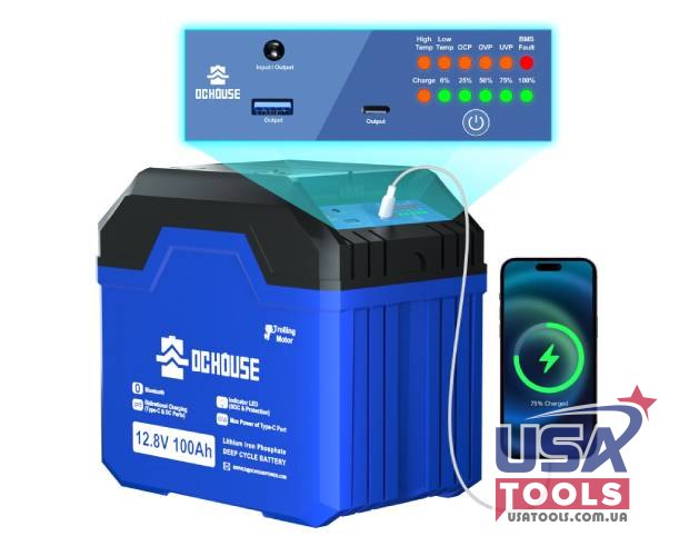 Акумулятор підсилений Gen3 LiFePO4 для ДБЖ з BMS, Bluetooth та Type-C 12.8В 100А 1.28Квт G24 DC HOUSE USA