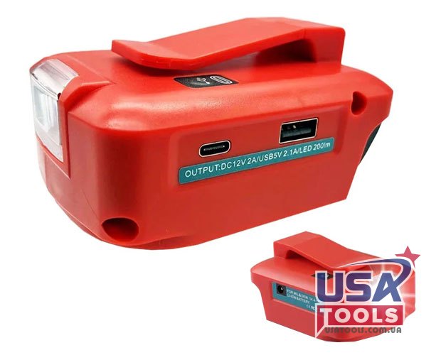 Адаптер на акумулятор Milwaukee 18В Led 200 lm + USB-C 18W + USB-A 2.1A + 12V